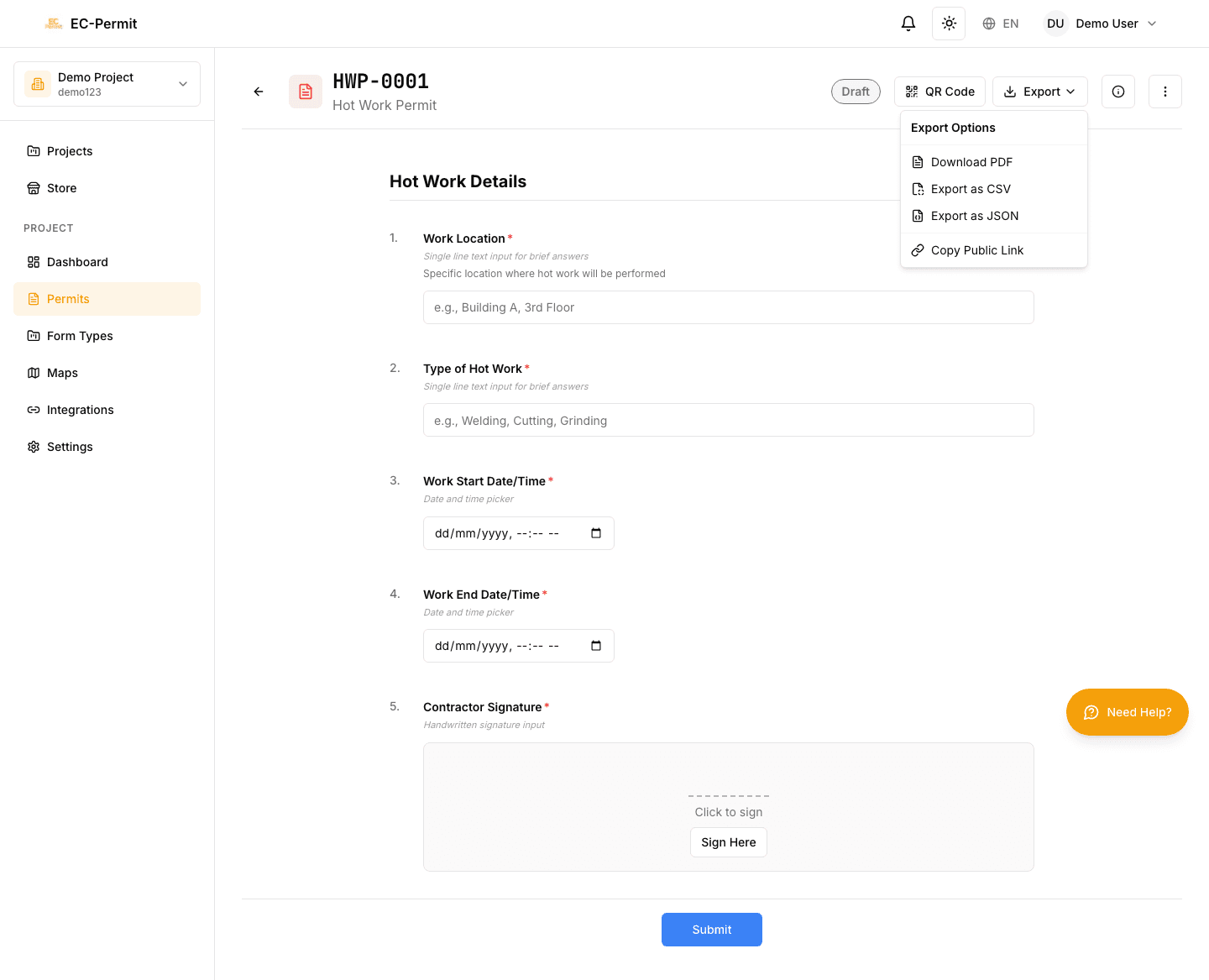 Form detail header with Export dropdown showing PDF, CSV, and JSON options