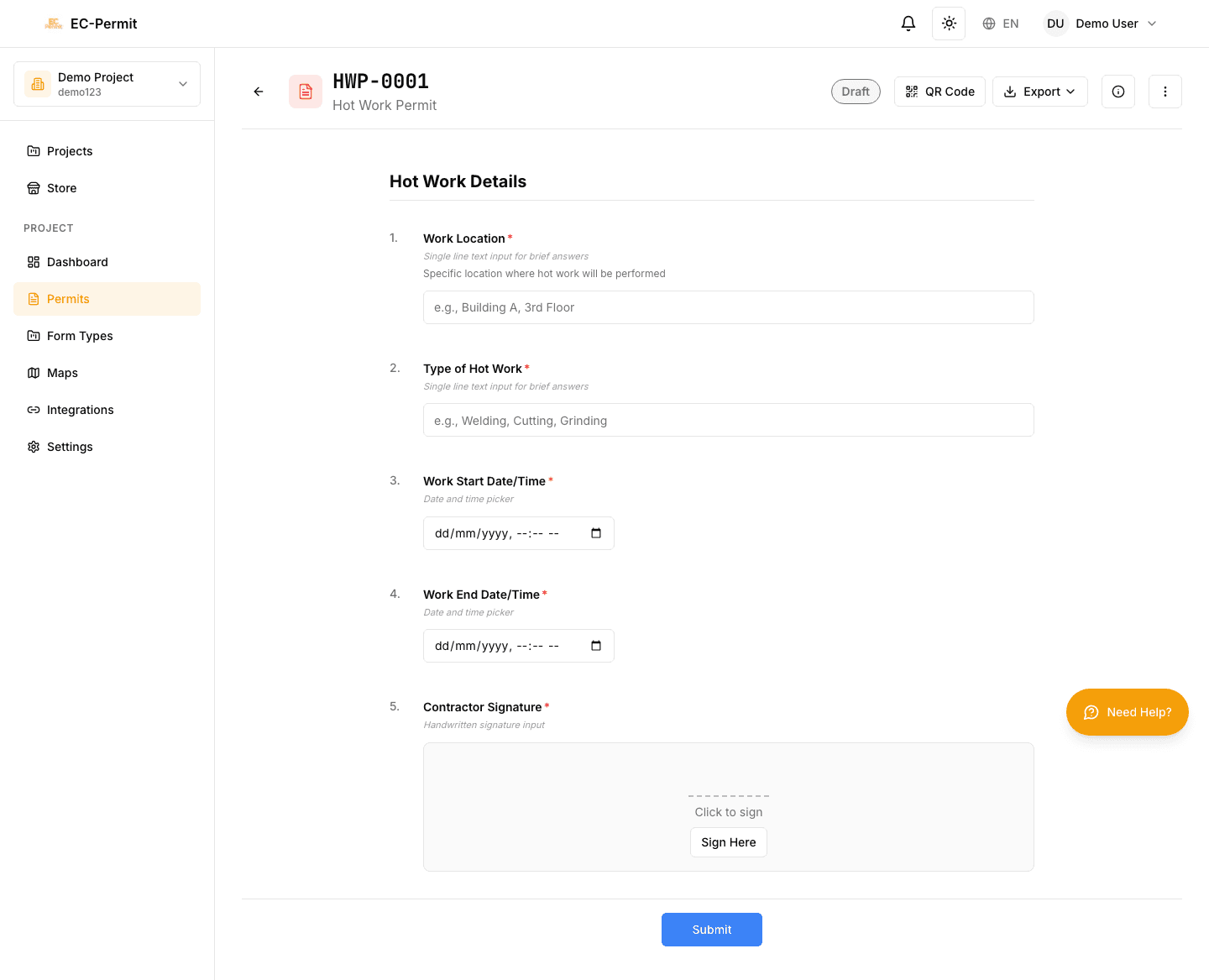 Permit form with question fields and inputs visible
