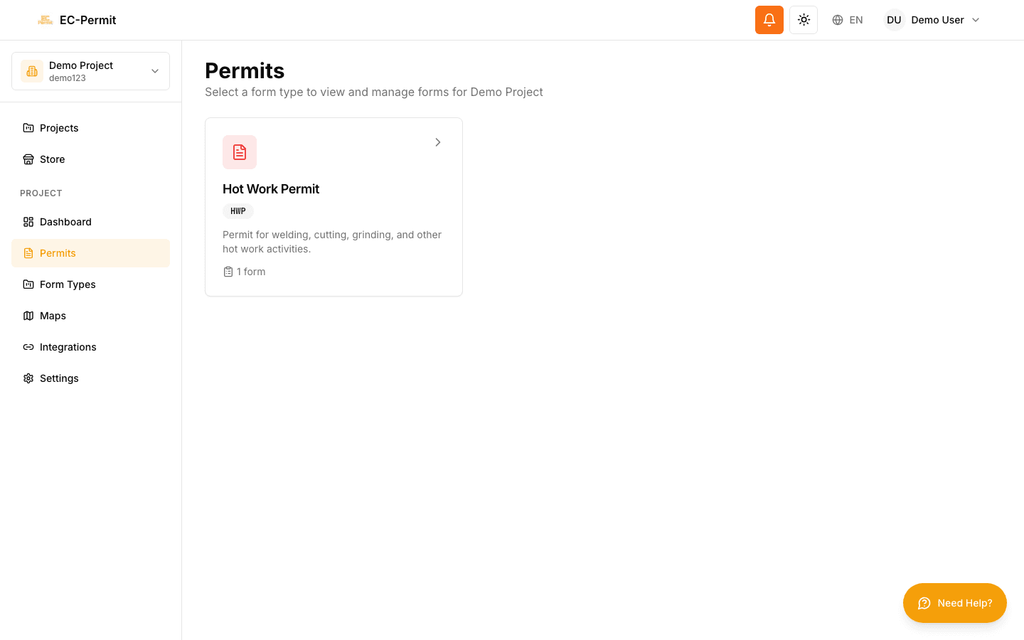 Form types list in a project showing cards for each permit type