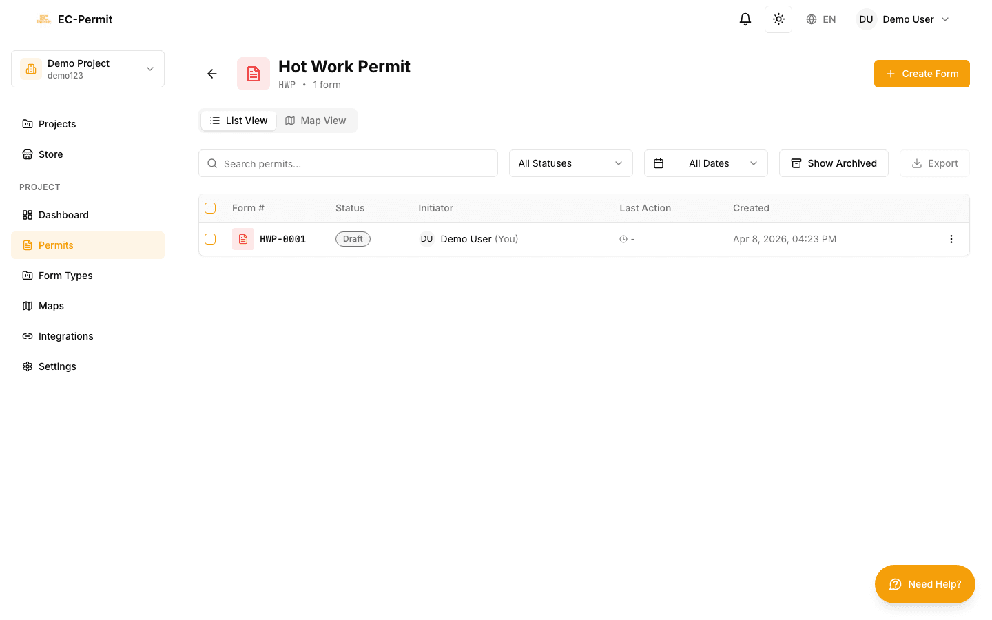 Forms list table with columns for form number, status, and filters