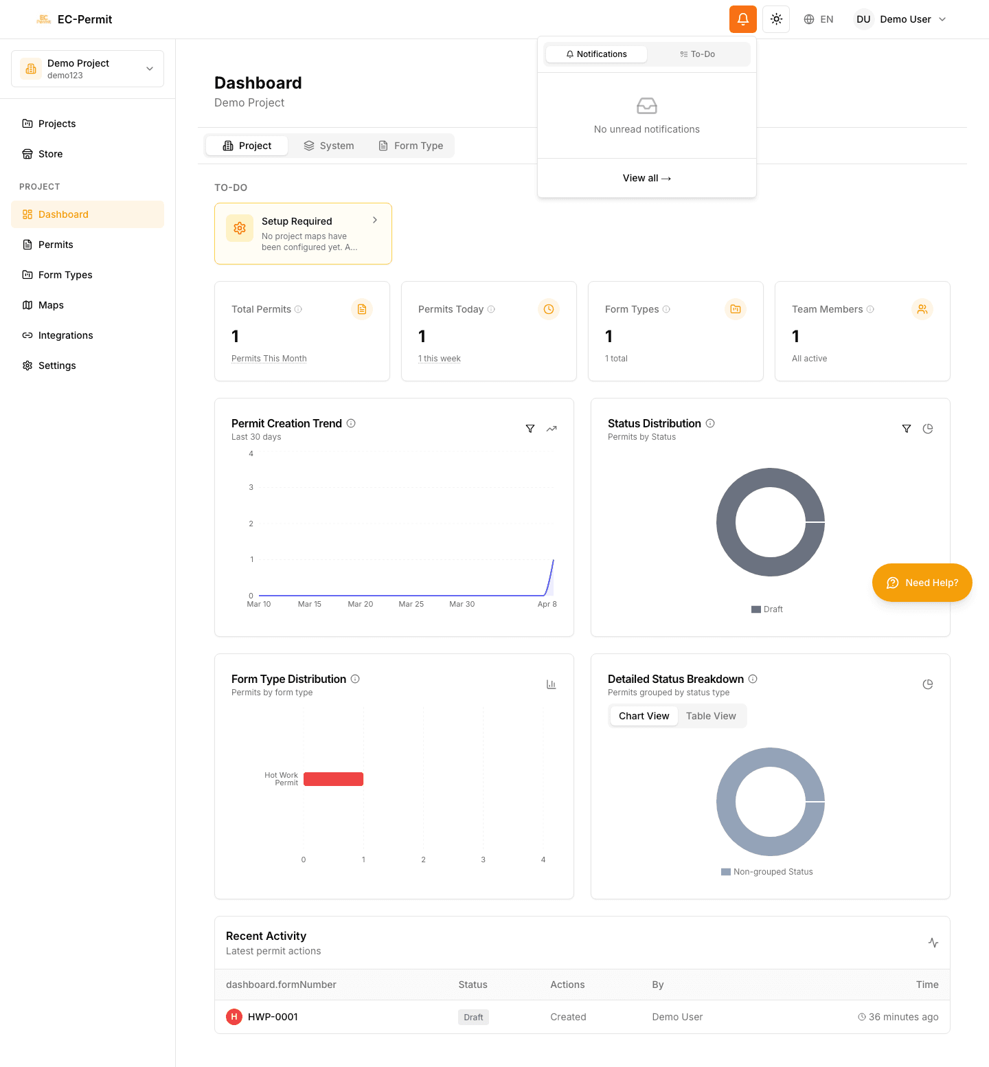 Notification popover open with To-Do and Notifications tabs