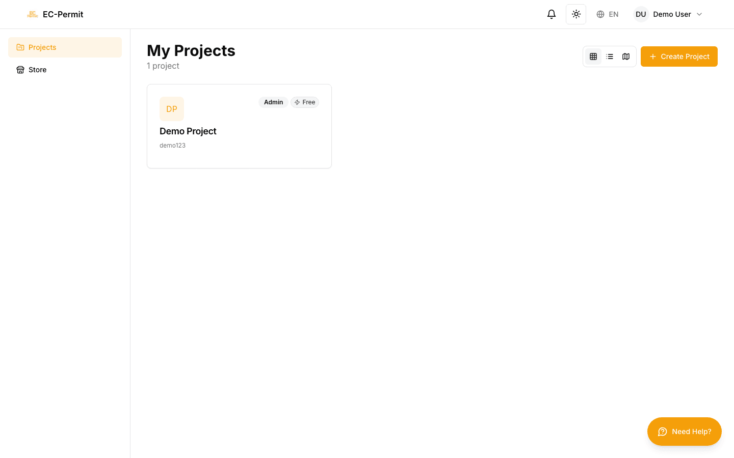 Projects page with grid of project cards and view mode controls