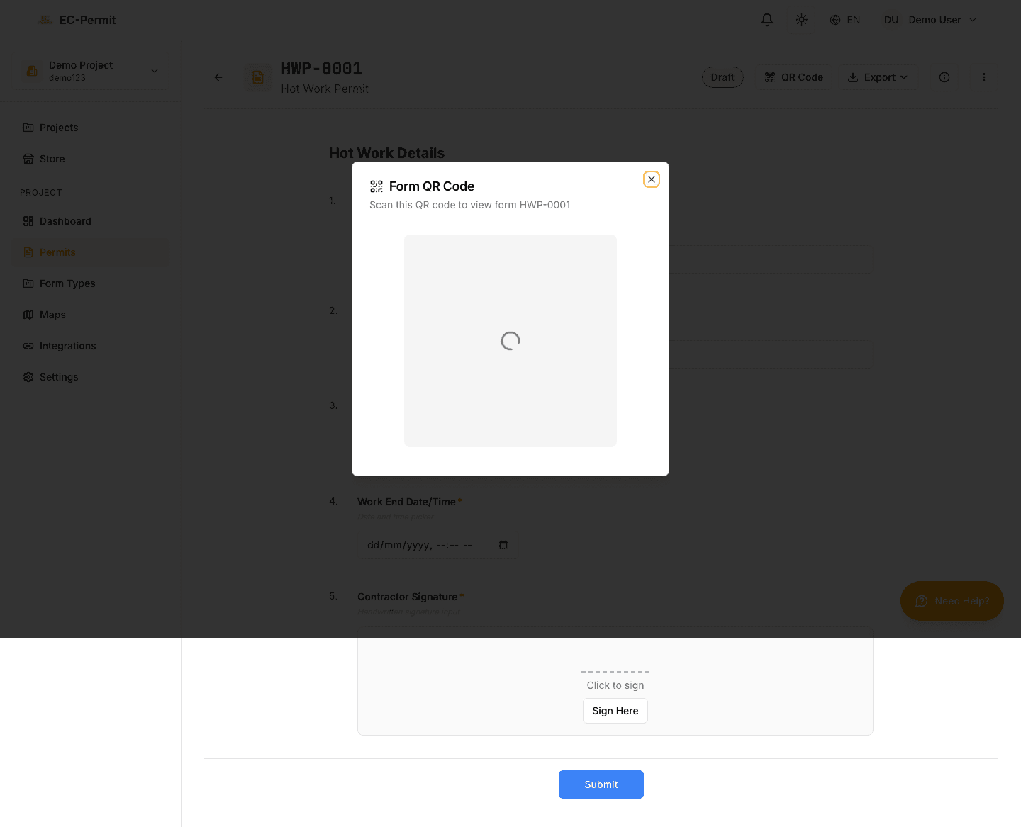 QR code dialog showing a scannable code and public link for a form