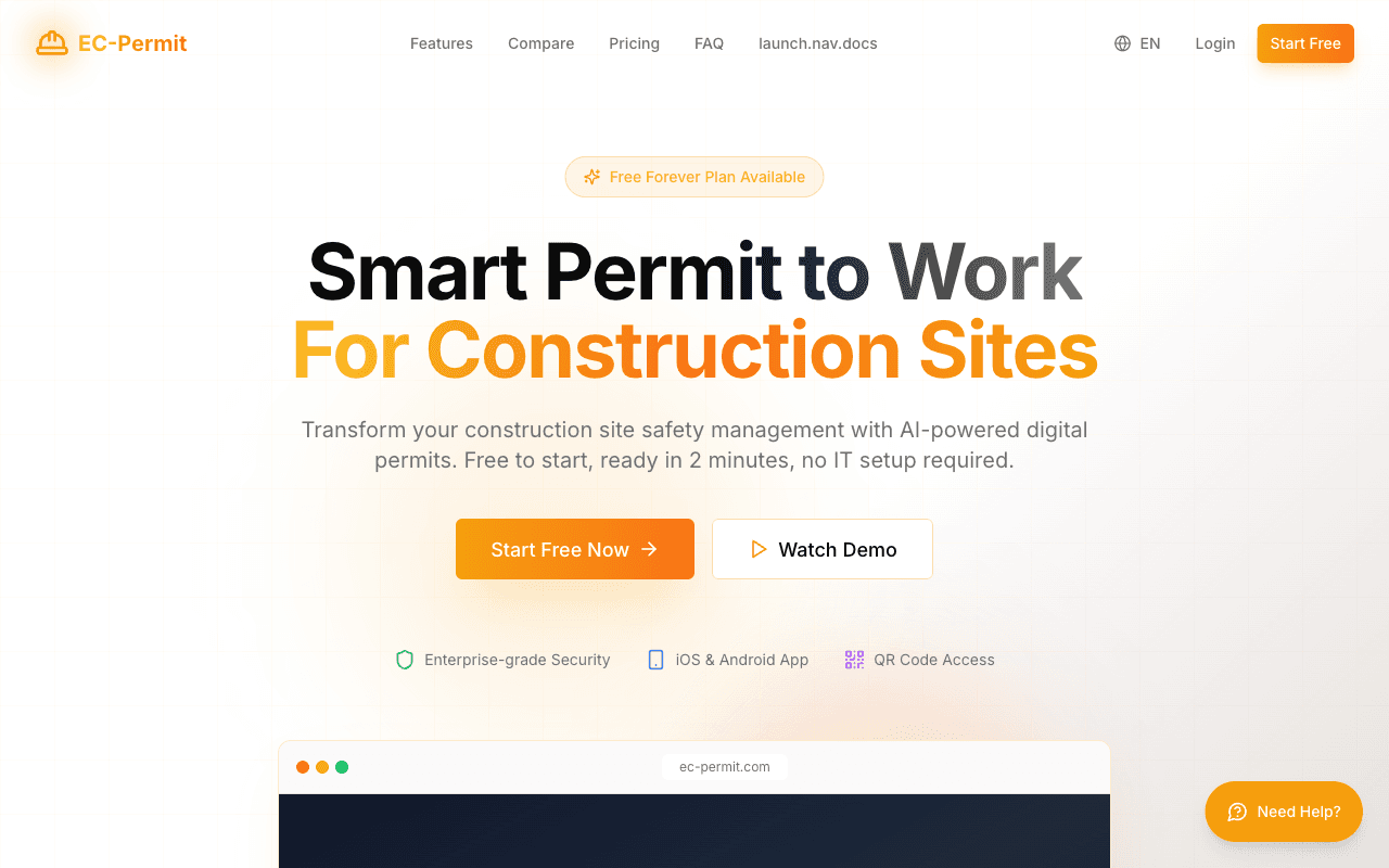 EC-Permit 落地頁,顯示主標語與行動按鈕