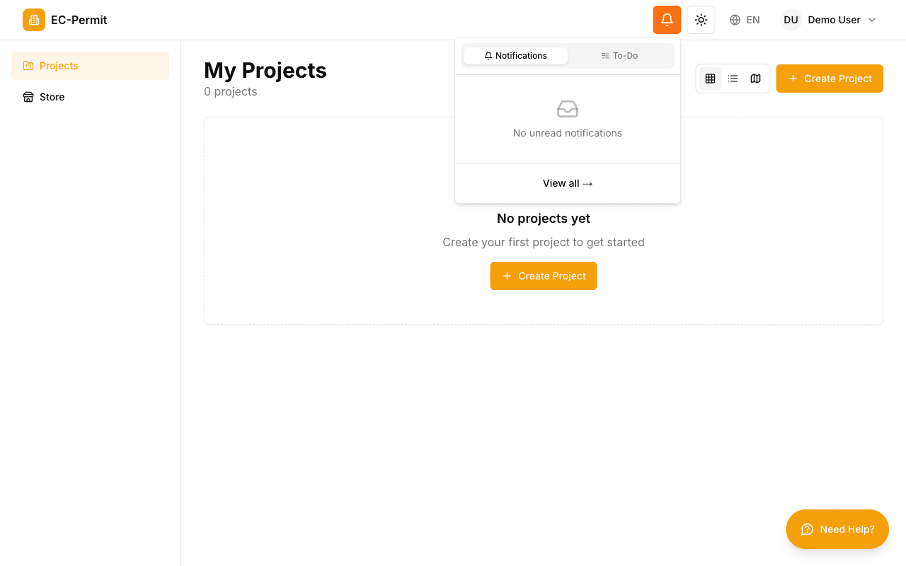 EC-Permit 通知面板,含通知與待辦分頁