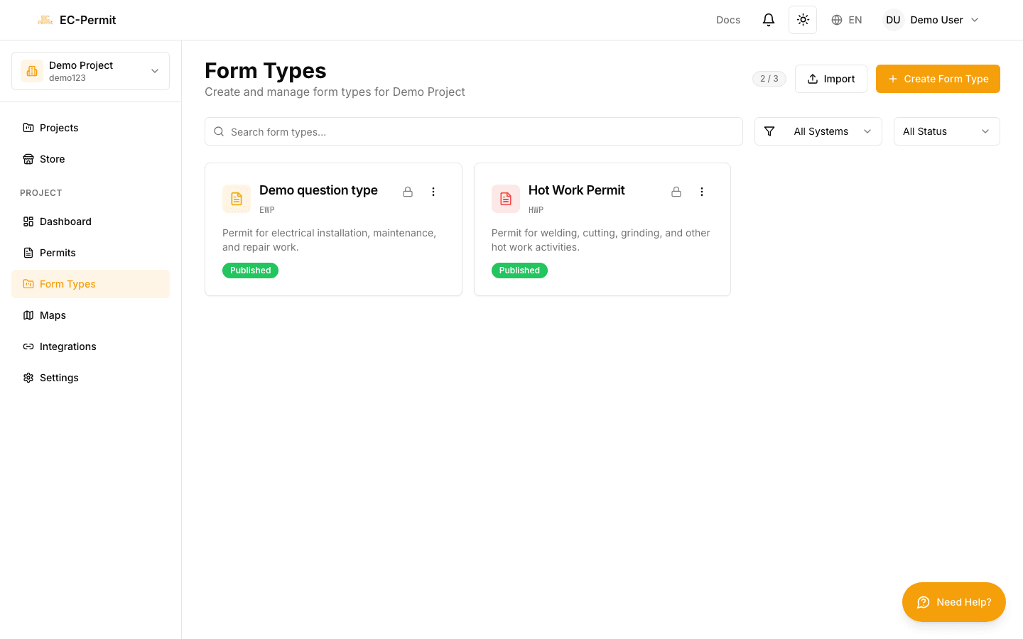 EC-Permit 介面:存取表單類型